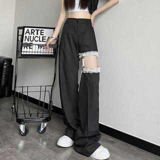 Cut-out Lace Trim High Waist Wide Leg Dress Pants