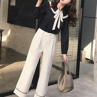 Set: Contrast Trim Bow Accent Chiffon Blouse + Cropped Wide-leg Pants