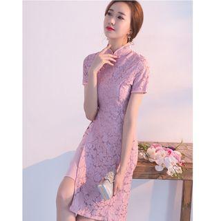 Jacquard Mandarin-collar Short-sleeve A-line Dress
