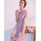 Jacquard Mandarin-collar Short-sleeve A-line Dress