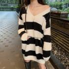 V-neck Striped Sweater / Chain Strap Waist Bag / Set