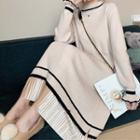 Color-block Frilled Long-sleeve Pleated Knit Dress