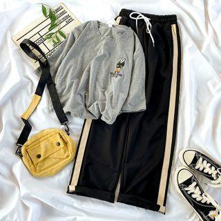 Elbow-sleeve Bear Embroidered T-shirt / Wide-leg Pants