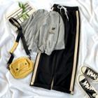 Elbow-sleeve Bear Embroidered T-shirt / Wide-leg Pants