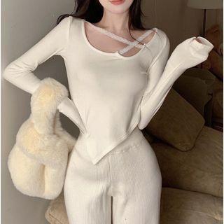 Asymmetrical Long-sleeve Lace Strap T-shirt