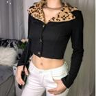 Leopard Print Collared Long-sleeve Cropped Top
