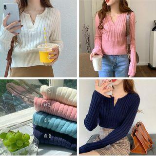 Plain V-neck Long-sleeve Knit Top - 4 Colors