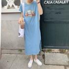 Scenery Printing Slit-side Maxi T-shirt Dress