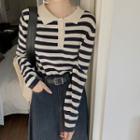 Striped Polo Sweater / Midi A-line Denim Skirt