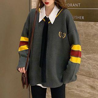 Embroidered V-neck Sweater / Tie-neck Shirt