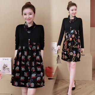 Long-sleeve Print Panel A-line Dress