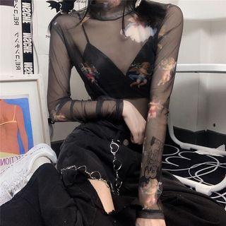 Long Sleeve Mock Neck Angel Printed Sheer Crop T-shirt