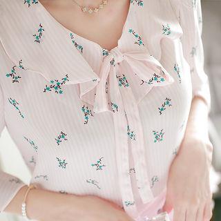 Tie-neck Ruffled Stipe Floral Blouse