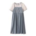 Two Tone Embroider Top / Plain Button-up A-line Dress