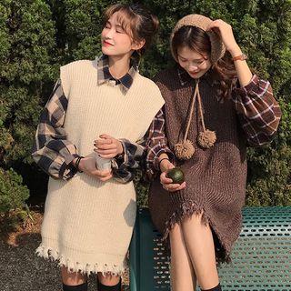 Fringed Sweater Vest/ Plaid Shirt