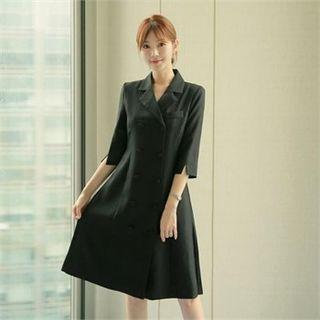 Double-breasted Pleated-back Dress With Belt