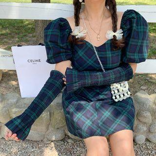 Set: Short-sleeve Plaid Mini Dress + Arm Sleeves