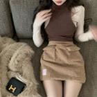 Long-sleeve Turtleneck Top / Mini Pencil Skirt / Fluffy Jacket