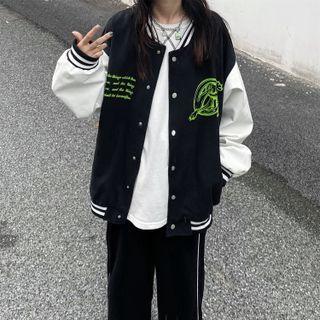 Print Faux Leather Sleeve Baseball Jacket