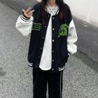 Print Faux Leather Sleeve Baseball Jacket