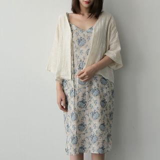 3/4-sleeve Scallop-edge Tie-front Cardigan