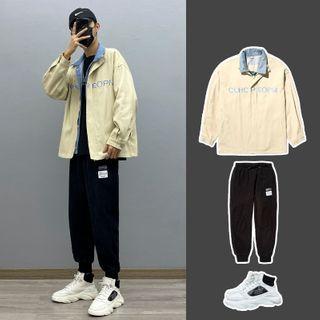 Two-tone Loose-fit Jacket / Long-sleeve Two-tone Lettering T-shirt / Lettering Joggers