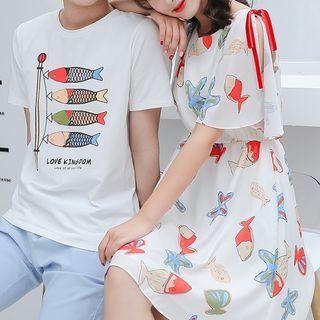 Couple Matching Fish Print Short-sleeve T-shirt / Short-sleeve A-line Dress