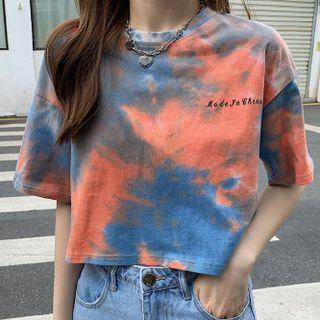 Elbow-sleeve Lettering Tie-dye Cropped T-shirt