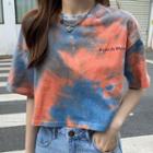 Elbow-sleeve Lettering Tie-dye Cropped T-shirt