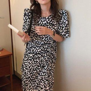 Short-sleeve Polka Dot Drawstring Dress