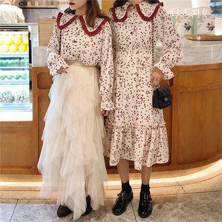 Heart Print Chiffon Blouse / Midi Shirtdress / Plain Maxi Mesh A-line Skirt