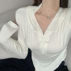 Long-sleeve Hooded Henley Cropped T-shirt