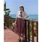 Short Sleeve Chiffon Blouse / Floral Print Pleated Skirt