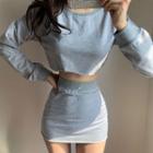 Set: Long-sleeve Plain Cropped Sweatshirt + Plain Mini Skirt