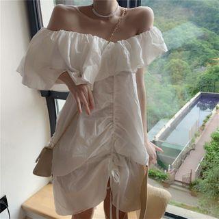 Puff-sleeve Off-shoulder Drawcord A-line Dress White - One Size