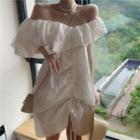 Puff-sleeve Off-shoulder Drawcord A-line Dress White - One Size