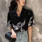 Elbow-sleeve Crane Print Shirt Navy Blue - One Size