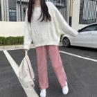 Doll-collar Cable Knit Sweater / Corduroy Wide-leg Pants