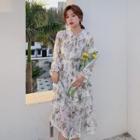 Tie-neck Long-sleeve Floral Print Midi Chiffon Dress