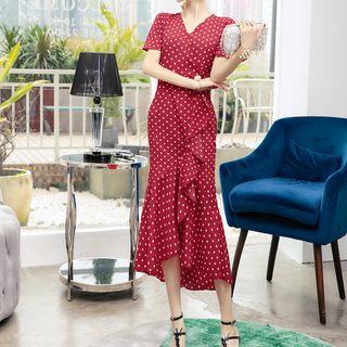 Short-sleeve Dotted Ruffled-hem Midi Dress
