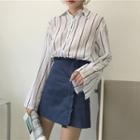 Striped Long-sleeve Shirt / Plain Frilled Skirt