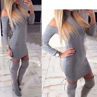 Long-sleeve Shoulder Cut Out Knit Dress