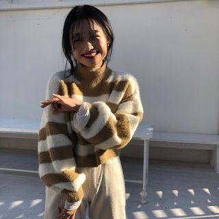 Mock Neck Striped Knit Top As Shown In Figure - One Size