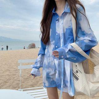 Tie-die Print Long-sleeve Blouse Sky Blue - One Size