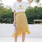 Set: Short-sleeve Fruit Embroidered T-shirt + Gingham Midi Skirt