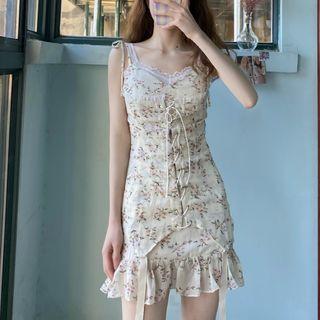 Lace-up Lace Trim Floral Print Sleeveless Mini Sheath Dress As Shown In Figure - One Size
