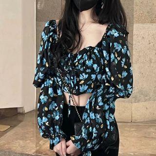 Puff-sleeve Floral Print Crop Blouse Black - One Size