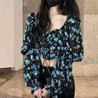 Puff-sleeve Floral Print Crop Blouse Black - One Size