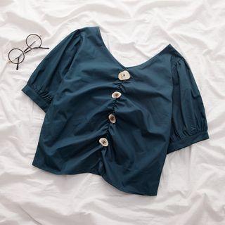V-neck Short-sleeve Blouse Dark Green - One Size