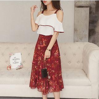 Set: Cold Shoulder Short-sleeve Top + Floral Print Midi Skirt